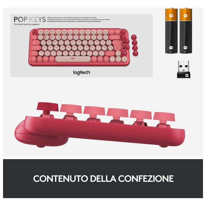 Logitech 920-010727 POP Keys Tastiera Meccanica Wireless Bluetooth QWERTY Italiano Multi-dispositivo 3 canali colore Borgogna Rosa