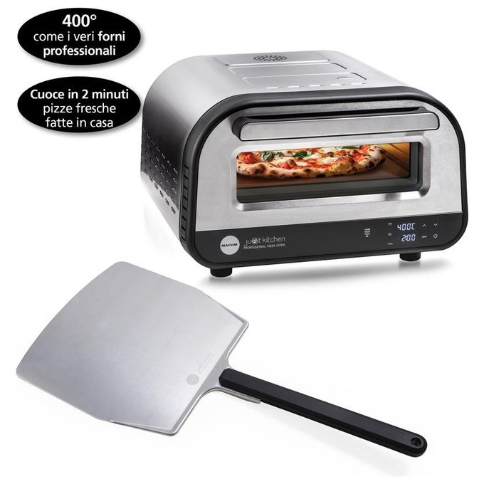 Macom 884 Just Kitchen Forno per Pizza Elettrico Pietra Refrattaria 32 cm 1700W 400°C Timer Digitale colore Nero Inox