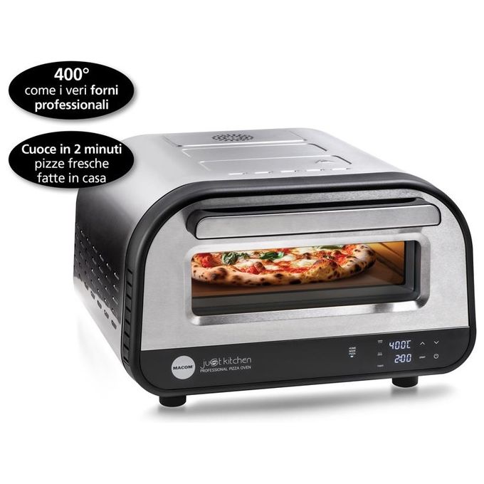 Macom 884 Just Kitchen Forno per Pizza Elettrico Pietra Refrattaria 32 cm 1700W 400°C Timer Digitale colore Nero Inox