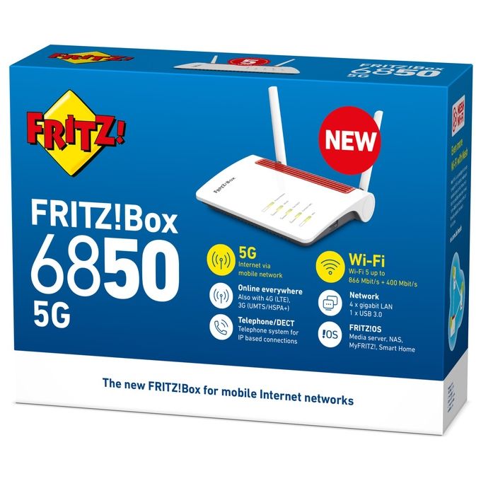 FRITZ! 6850 5G Modem Router Wireless Dual Band Wi-Fi 5 4 porte Gigabit Ethernet USB 3.0 VoIP Base DECT SIM Slot colore Bianco