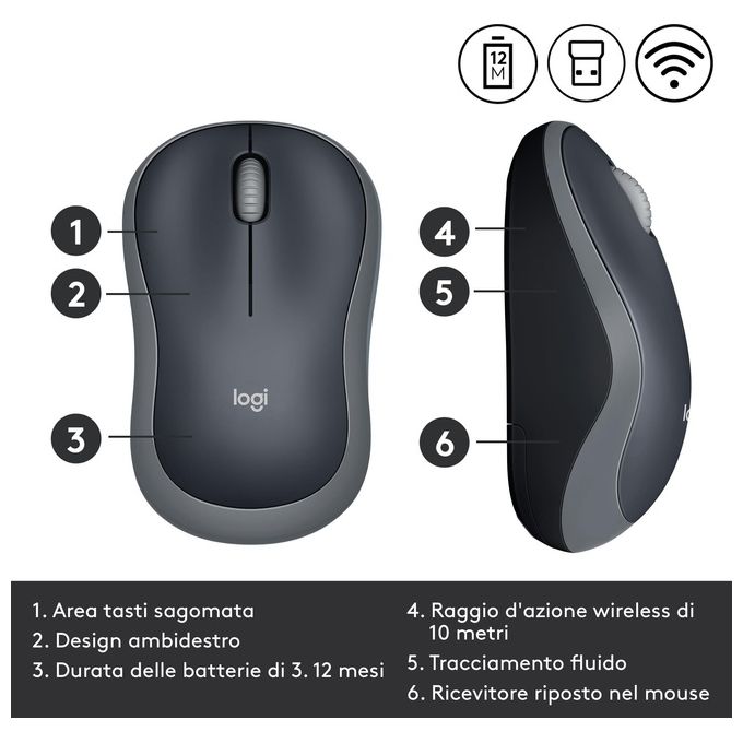 Logitech Notebook Mouse M185 Soft Grigio
