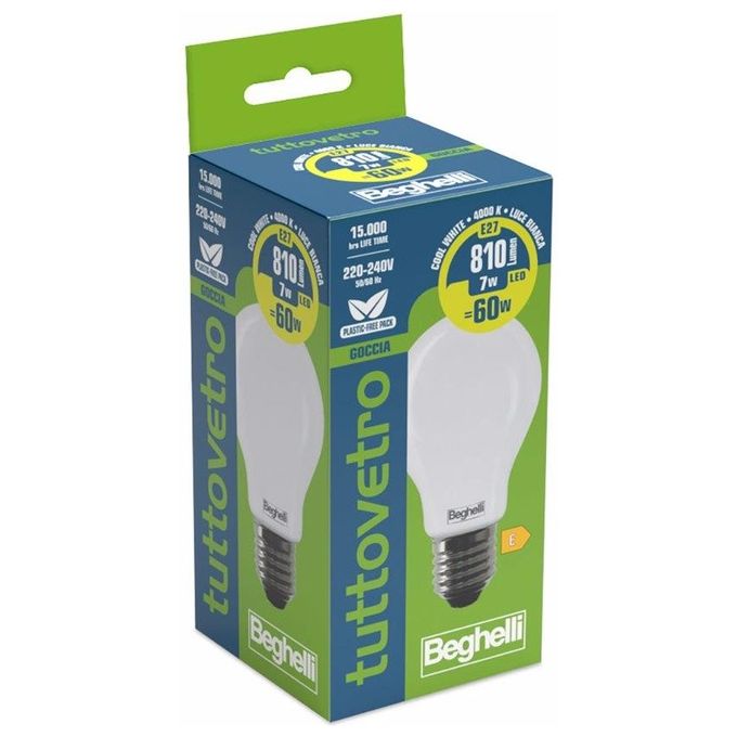 Beghelli Lampadina Led Goccia 7W E27 4000k Luce Naturale 810 Lumen