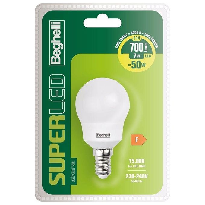 Beghelli Lampadina Led Sfera 7W e14 4000k SuperLed Luce Naturale 700 Lumen