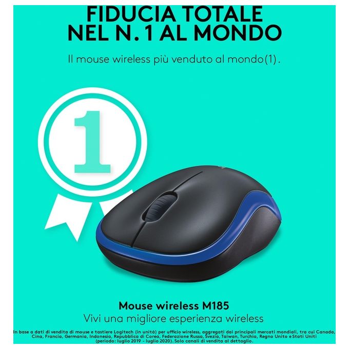 Logitech M185 Mouse Wireless Ottico Ambidestro Nero e Blu 1000 DPI per PC e Laptop