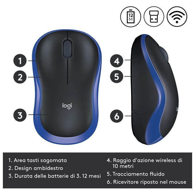 Logitech M185 Mouse Wireless Ottico Ambidestro Nero e Blu 1000 DPI per PC e Laptop