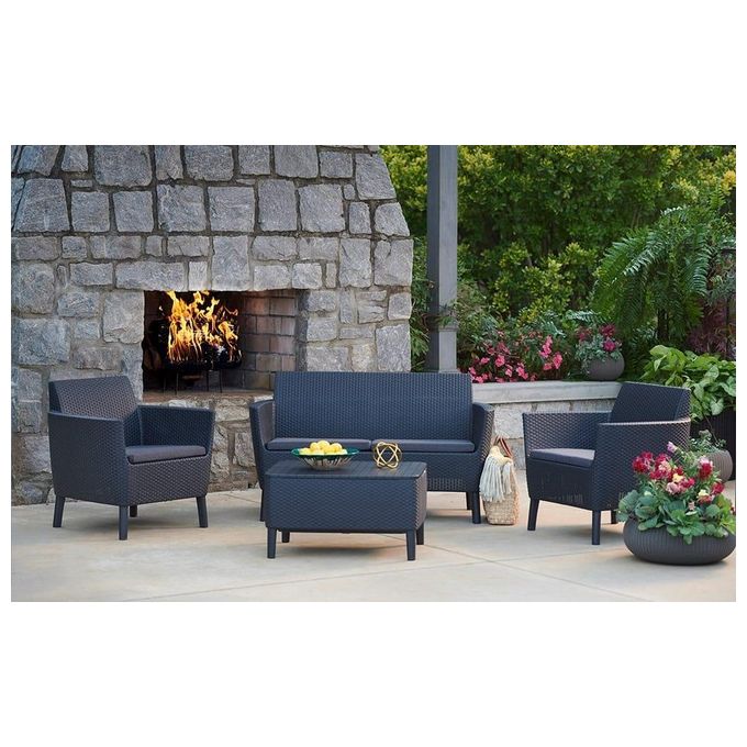 Keter 253220 Salemo Salottino da Esterno 4 Posti Divano 2 Poltrone Tavolino Polipropilene Effetto Rattan colore Grafite