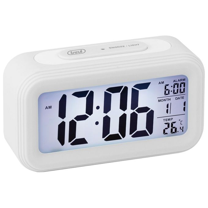 Trevi SLD 3068 S Orologio Termometro Digitale con Sveglia Grande Display LCD Calendario Sensore per Illuminazione Automatica Funzione Snooze Bianco