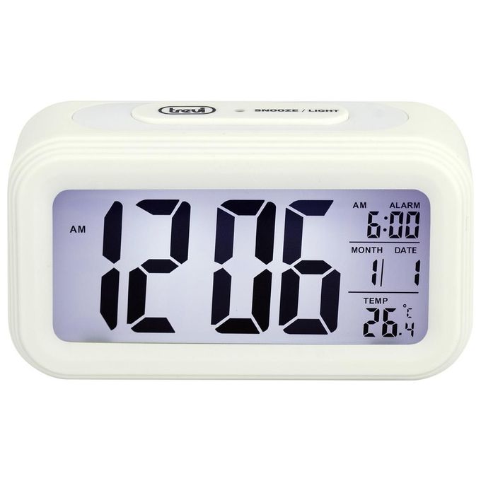 Trevi SLD 3068 S Orologio Termometro Digitale con Sveglia Grande Display LCD Calendario Sensore per Illuminazione Automatica Funzione Snooze Bianco