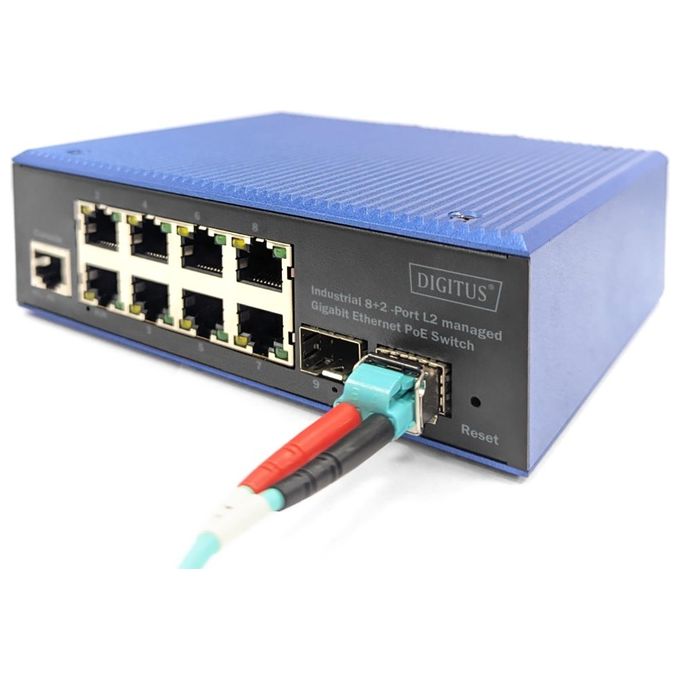 Digitus DN-651157 Switch industriale 8+2 porte L2 gestito Gigabit Ethernet PoE con alimentazione ridondante IP40 montaggio su guida DIN colore Nero