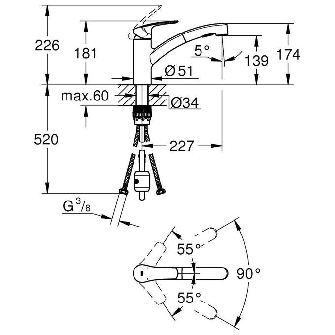Grohe 30305001 Eurosmart Miscelatore Monocomando per Lavello Monoforo Doccetta Estraibile 2 Getti SilkMove colore Cromo