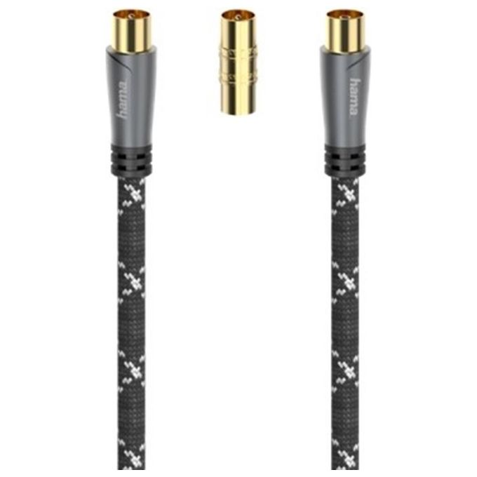 Hama 7205292 Cavo Antenna Coassiale M-F con Adattatore M-M 1.5 m 120 dB Connettori Dorati Quadrupla Schermatura colore Nero