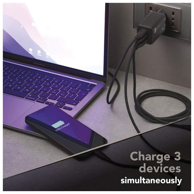 Cellularline ACHUSBGAN3PD65WK Multipower Micro Caricabatterie GaN 65W 3 Porte USB-C Power Delivery colore Nero
