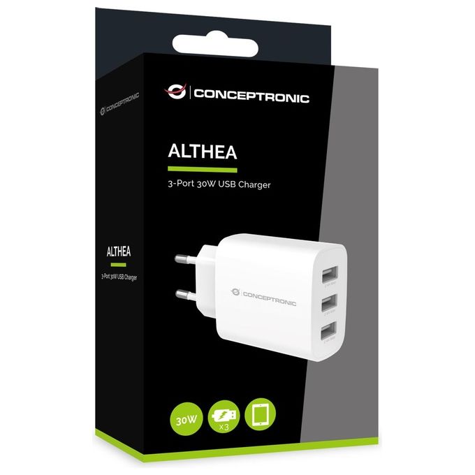 Conceptronic ALTHEA13W Caricabatterie USB 3 Porte 30W Universale AC Interno colore Bianco