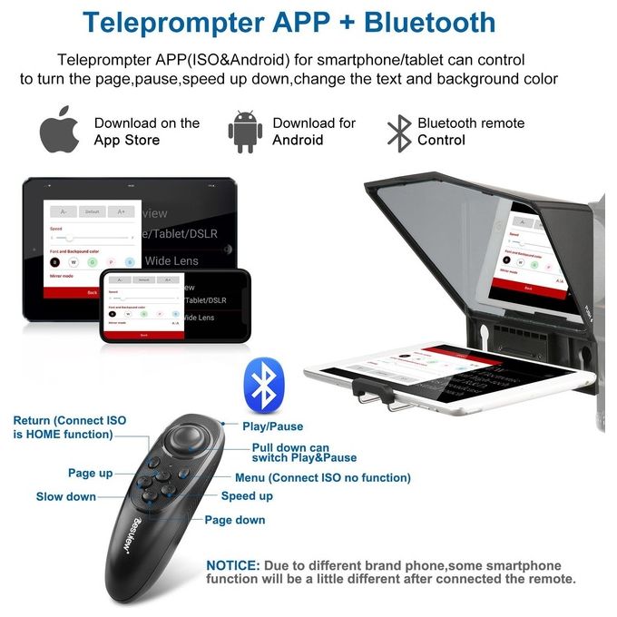 Desview 6970602270641 T2 Teleprompter Universale per Smartphone e Tablet con Vetro Beam Splitter 97% e Telecomando Bluetooth colore Nero