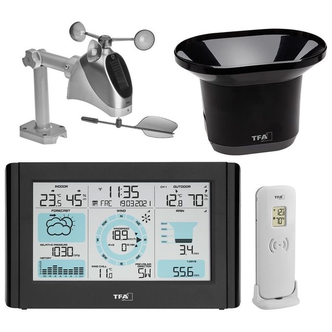 TFA Dostmann 35.1161.01 Weather Pro Stazione Meteo Radiocontrollata con Anemometro Pluviometro Sensore Esterno 433 MHz colore Nero