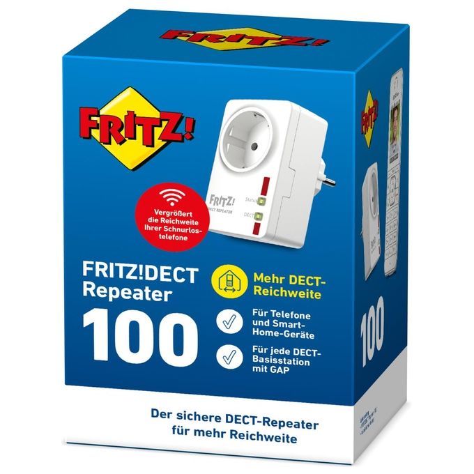 AVM 20002598 FRITZ!DECT Repeater 100 Ripetitore DECT per Estendere la Portata dei Telefoni Cordless e Dispositivi Smart Home fino a 40 metri supporta 3 chiamate simultanee colore Bianco
