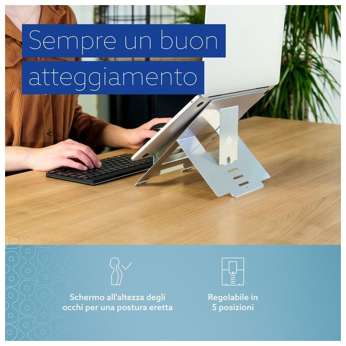 R Go Tools RGORISTSI R-Go Riser Supporto Portatile Regolabile in 5 Posizioni per Laptop e Tablet da 10 a 22 Pollici Angolo 30-57° Portata 5 Kg Materiale in Alluminio Hylite Pieghevole Ultrasottile colore Argento