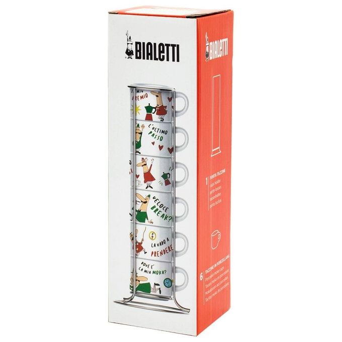 Bialetti TAZZ202 Set 6 Tazzine Espresso in Porcellana Impilabili con Supporto in Metallo colore Multicolore