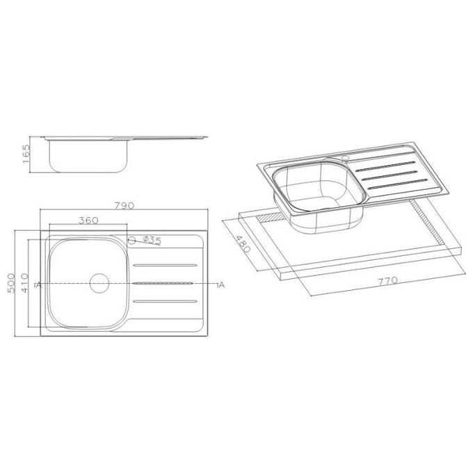 Apell OH791ILPC Serie Oceano Lavello Acciaio Inox da Incasso 1 Vasca Gocciolatoio a Sinistra 79x50cm
