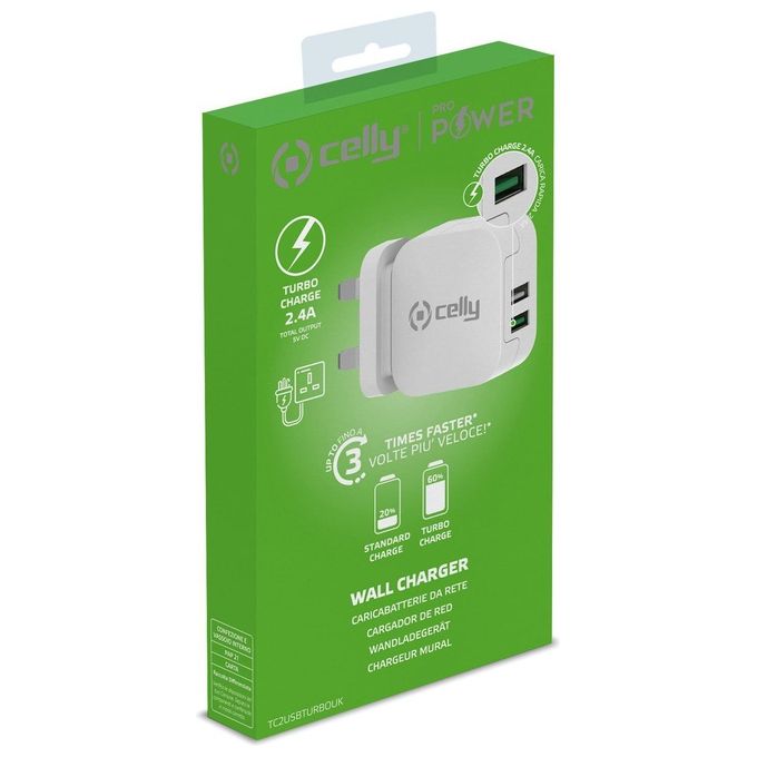 Celly Caricabatterie Cellulare Turbo 2 Usb 2.4A Bianco