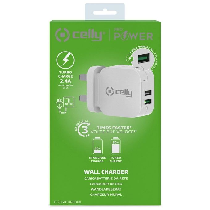 Celly Caricabatterie Cellulare Turbo 2 Usb 2.4A Bianco