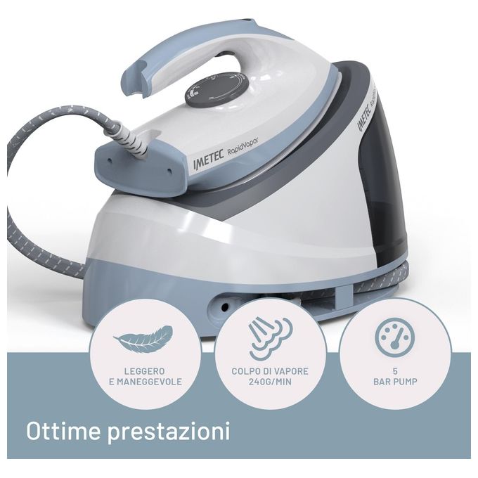 Imetec 9033 Rapidvapor Ferro da Stiro con Caldaia Piastra Fluid Ceramic 2400 W 5 bar Colpo Vapore 240 g-min Serbatoio 1,2 L colore Blu Grigio