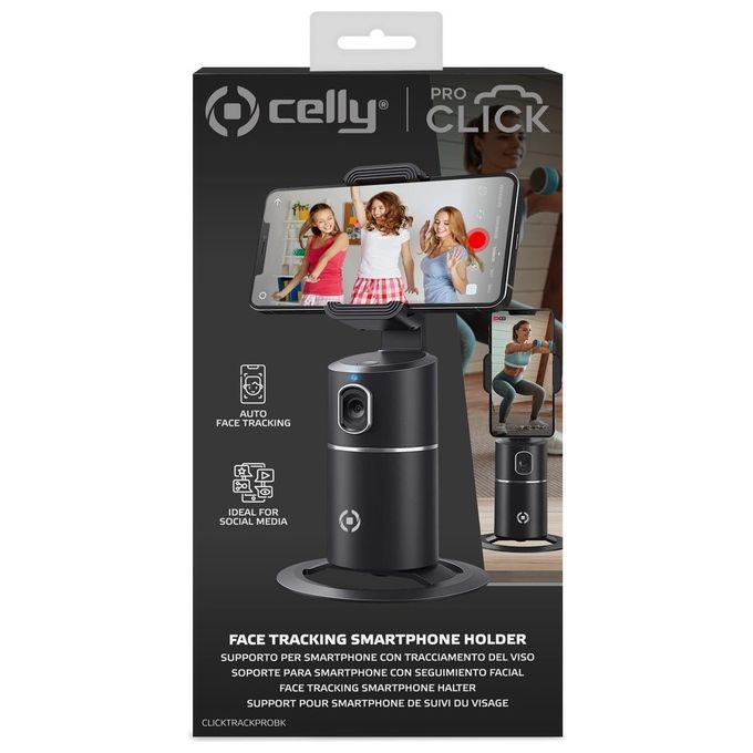 Celly CLICKTRACKPROBK Supporto per Smartphone Auto-Tracking Supporto Attivo con Auto-Tracking e Rotazione Automatica per Video Selfie 360° Compatibile con Smartphone fino a 9 cm Base Antiscivolo e Filettatura per Treppiede colore Nero