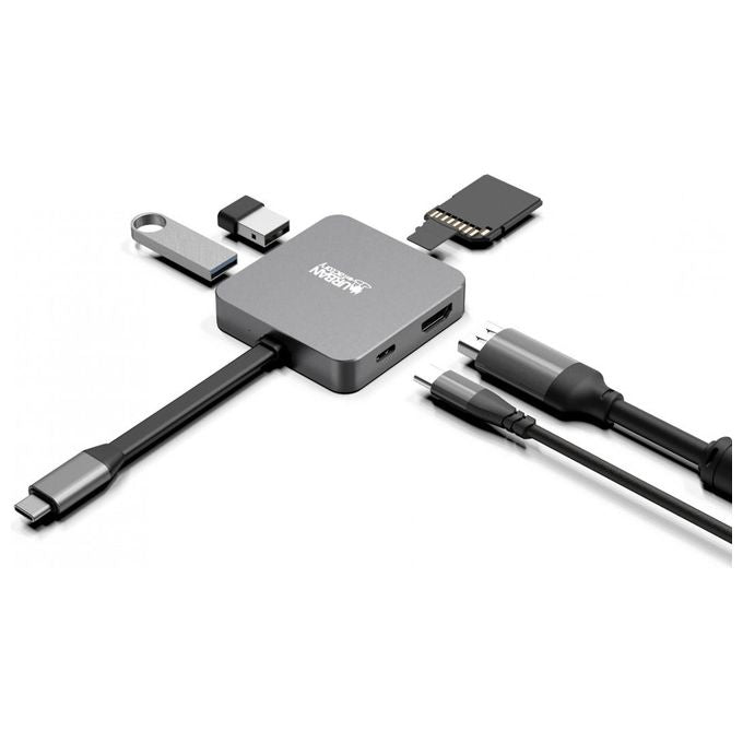Urban Factory TCM05UF HUBEE LIGHT Mini Hub USB-C con HDMI 4K USB 3.2 Gen 1 e Lettore SD MicroSD 100W colore Grigio