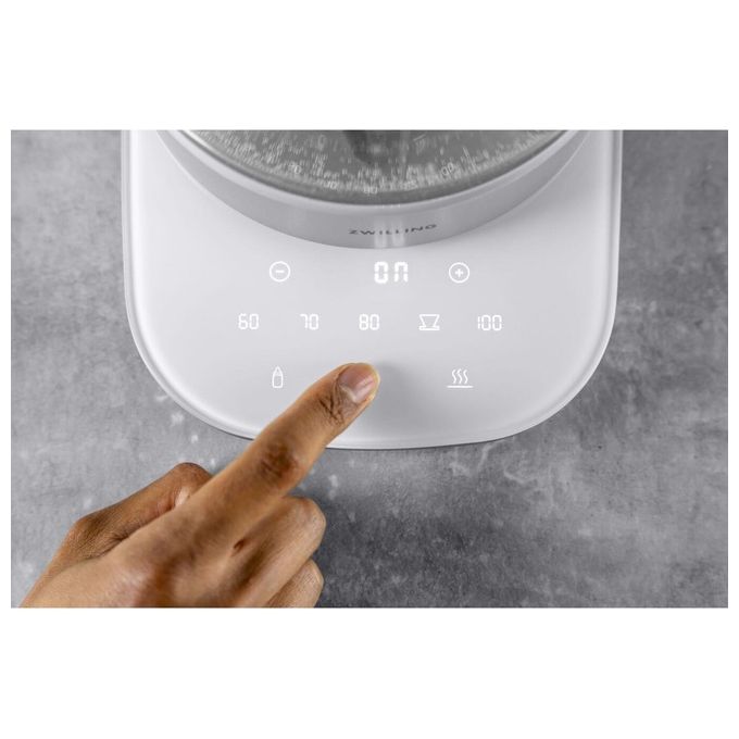 ZWILLING 1008907 ENFINIGY Bollitore Elettrico in Vetro 1 7 L 1850 W 6 Livelli Temperatura Touchscreen colore Bianco