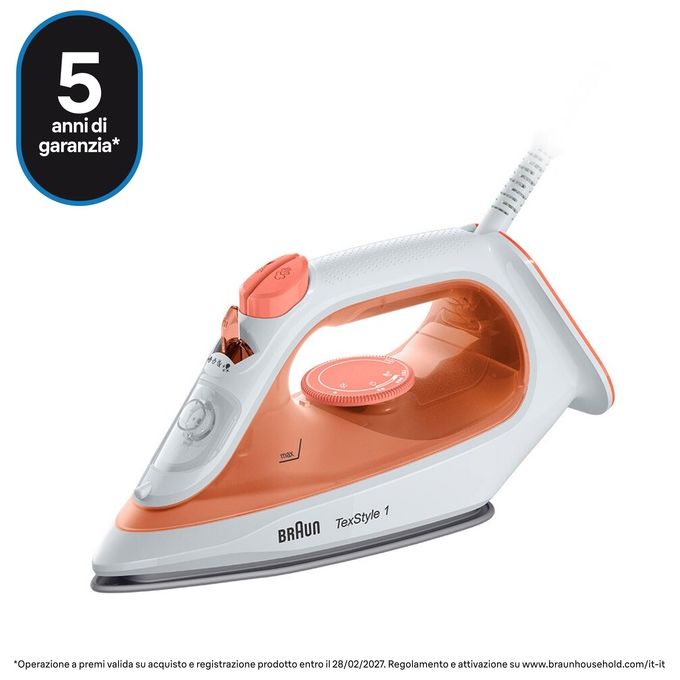 Braun TexStyle 1 SI 1009 Ferro da Stiro a Vapore Piastra Antiaderente 1900W Arancione-Bianco