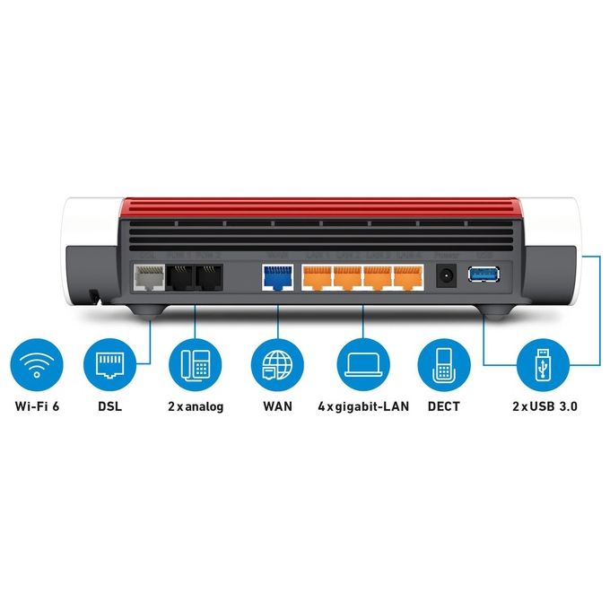 FRITZ! 20002999 FRITZ!Box 7590 AX Modem Router Wi-Fi 6 Dual Band 2400 Mbit-s 4 Porte Gigabit VDSL ADSL Mesh DECT colore Bianco