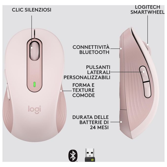 Logitech 910-006254 Signature M650 Mouse Wireless Bluetooth 2.4 GHz 4000 DPI 5 Pulsanti Silenzioso con Ricevitore Nano colore Rosa