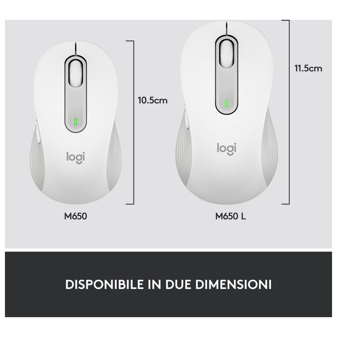 Logitech 910-006255 Signature M650 Mouse Wireless Bluetooth Ottico 2000 DPI Clic Silenziosi colore Bianco