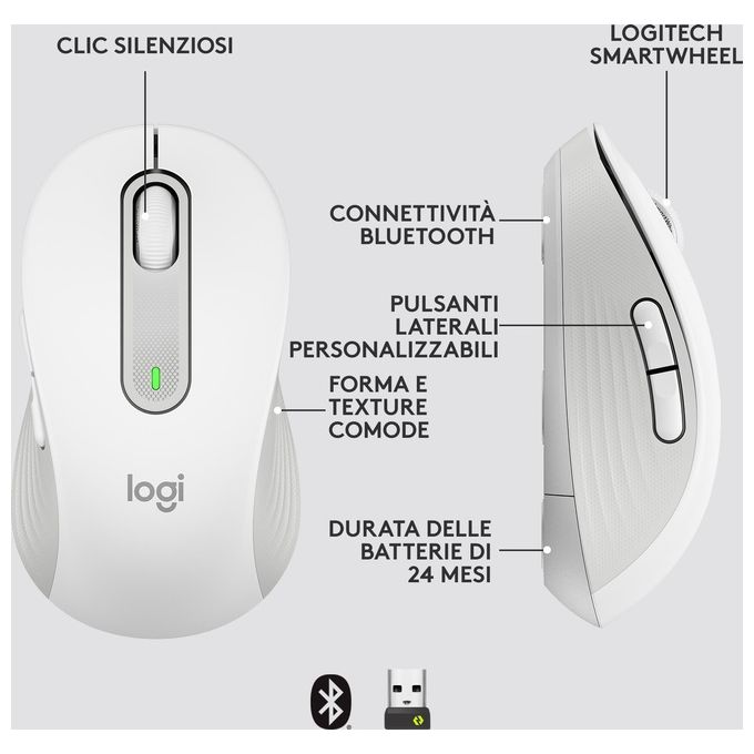 Logitech 910-006255 Signature M650 Mouse Wireless Bluetooth Ottico 2000 DPI Clic Silenziosi colore Bianco