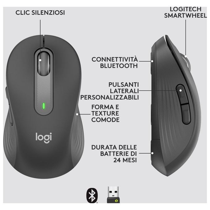 Logitech 910-006253 Signature M650 Mouse Wireless Bluetooth Ottico 2000 DPI 5 Tasti Clic Silenzioso colore Grafite