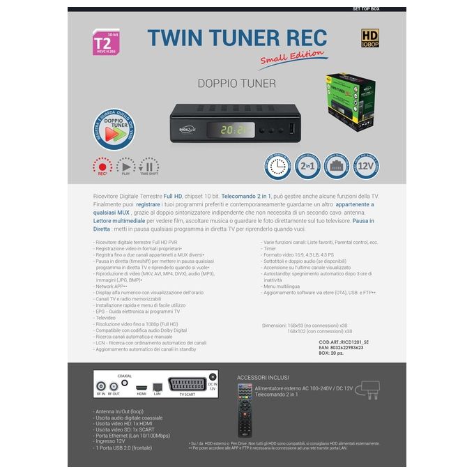 Digiquest RICD1201_SE Twin Tuner Small Edition Decoder Digitale Terrestre DVB-T2 Full HD PVR Doppio Sintonizzatore Ethernet colore Nero