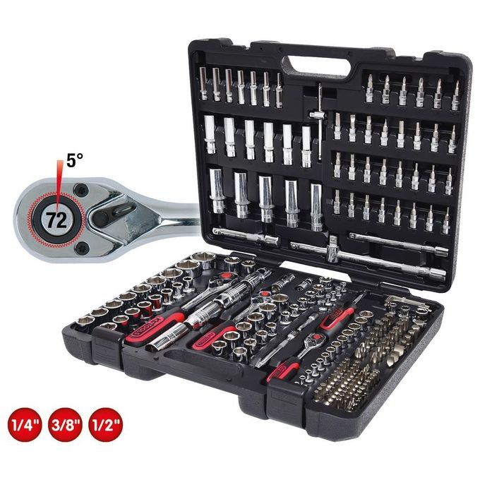 KS Tools 918.0795 Serie di chiavi a bussola CHROMEplus 195 pezzi 1-4'' + 3-8'' + 1-2'' attacco quadro 72 denti cricco Flank Traction valigetta colore Nero
