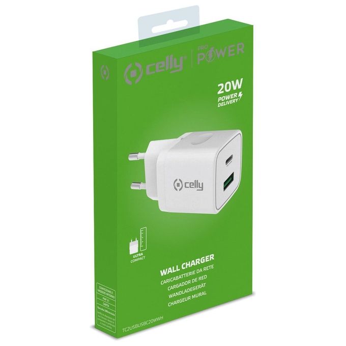 Celly Caricabatterie Cellulare 2 Usb Usb-C 20W Bianco