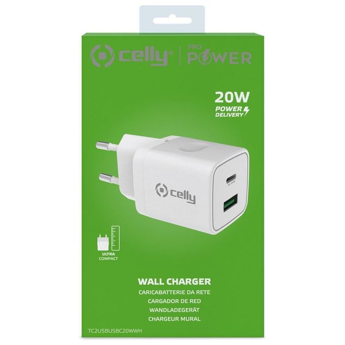 Celly Caricabatterie Cellulare 2 Usb Usb-C 20W Bianco