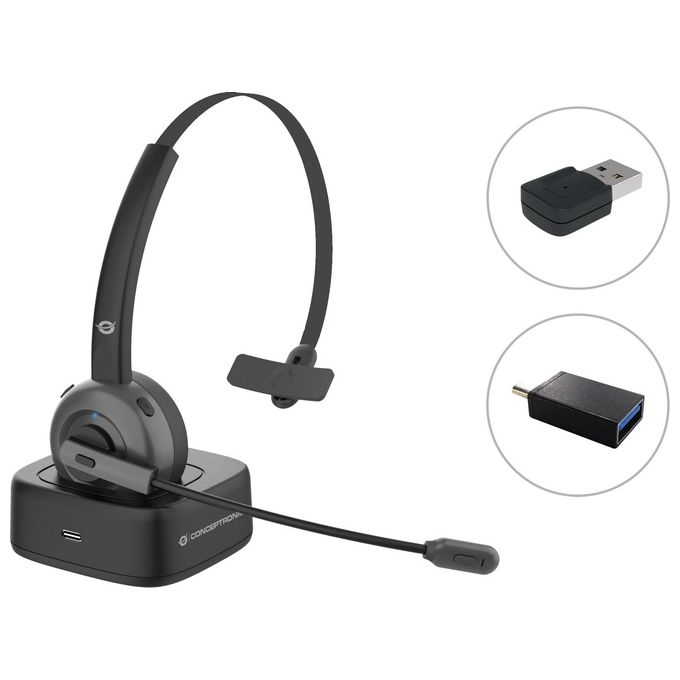 Conceptronic POLONA03BDA Cuffie Wireless Monofoniche Bluetooth con Cancellazione del Rumore Microfono Pieghevole e Tasto Mute Dock di Ricarica e Adattatore Inclusi colore Nero