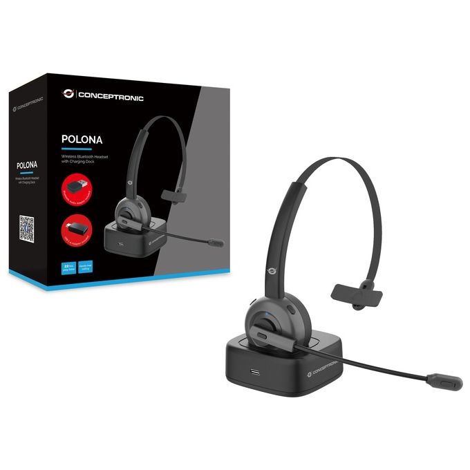 Conceptronic POLONA03BDA Cuffie Wireless Monofoniche Bluetooth con Cancellazione del Rumore Microfono Pieghevole e Tasto Mute Dock di Ricarica e Adattatore Inclusi colore Nero