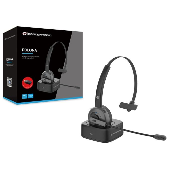 Conceptronic POLONA03BD Cuffia Wireless Bluetooth Monofonica con Microfono e Stazione di Ricarica colore Nero