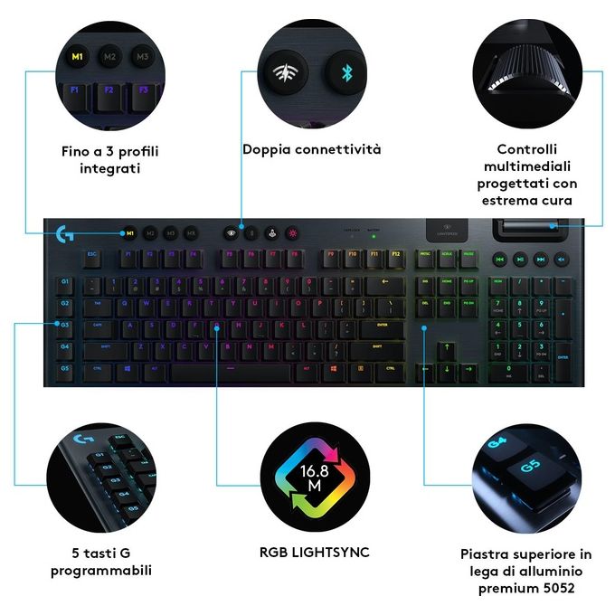 Logitech G 920-010591 G915 Tastiera Gaming Meccanica Wireless LIGHTSPEED GL Tactile LIGHTSYNC RGB Layout QWERTY Italiano colore Nero