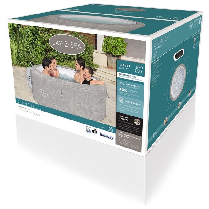 Bestway 60065 Minipiscina idromassaggio gonfiabile Zurich AirJet con EnergySense Capacita' 669 L per 4 persone 120 bocchette AirJet DuraPlus a 3 strati colore Grigio