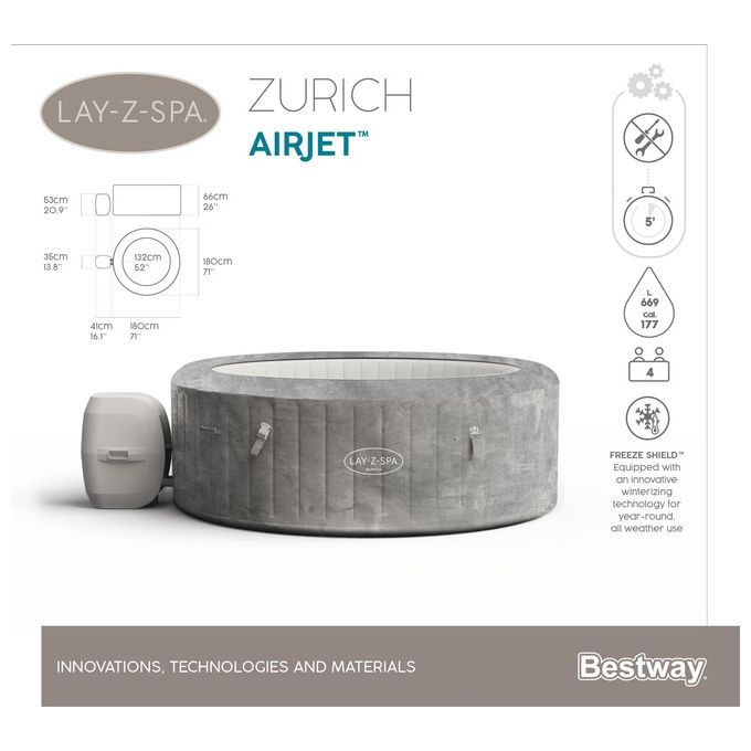 Bestway 60065 Minipiscina idromassaggio gonfiabile Zurich AirJet con EnergySense Capacita' 669 L per 4 persone 120 bocchette AirJet DuraPlus a 3 strati colore Grigio