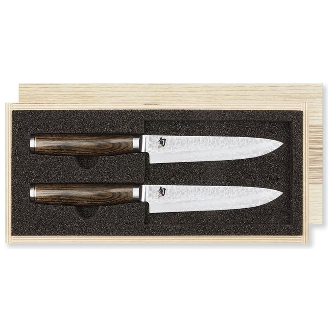 KAI TDMS-400 Shun Premier Tim Mälzer Set di coltelli da bistecca 2 pezzi in acciaio VG-MAX con 32 strati damasco impugnatura in legno pakka colore Marrone