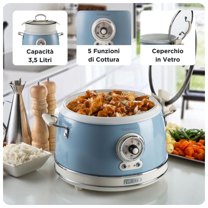 Ariete 2904 Vintage Cuociriso Elettrico e Slow Cooker 3,5 L 700W 5 funzioni ciotola in ceramica colore Celeste