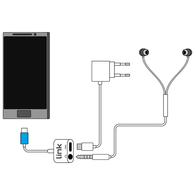 Link Adattatore Splitter Usb-C Maschio per Ricarica Smartphone e Audio con Microfono per Telefonate e Musica 15cm