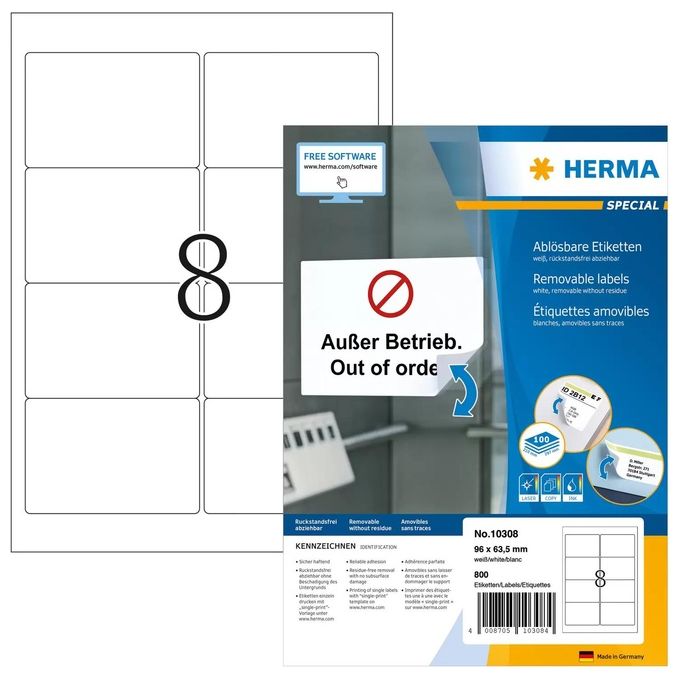 Herma Etichette Rimovibili 96x63,5mm 100 Fogli DIN A4 800 Pezzi