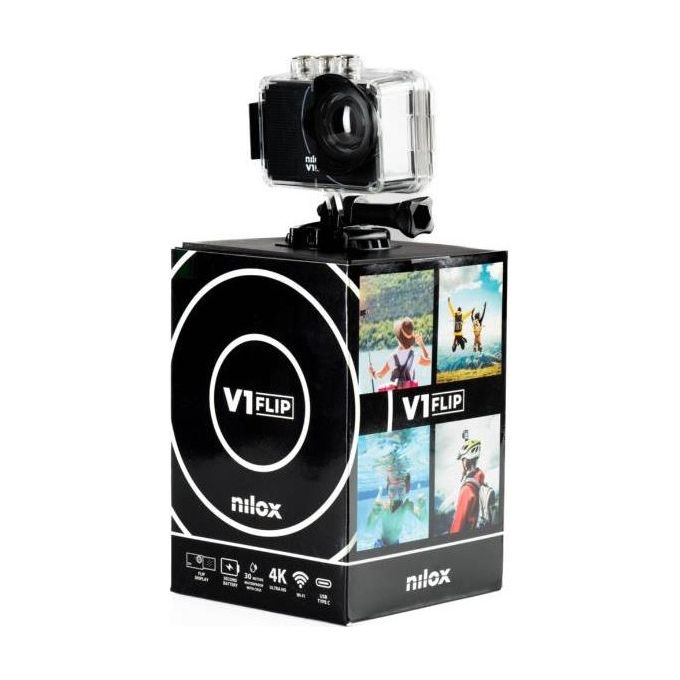 Nilox NXACV1FLIP01 V1 FLIP Fotocamera per Sport d'Azione 4K Ultra HD 4 MP CMOS Display LCD 2'' Flip-Out Custodia Impermeabile 30 m Batteria Doppia colore Nero